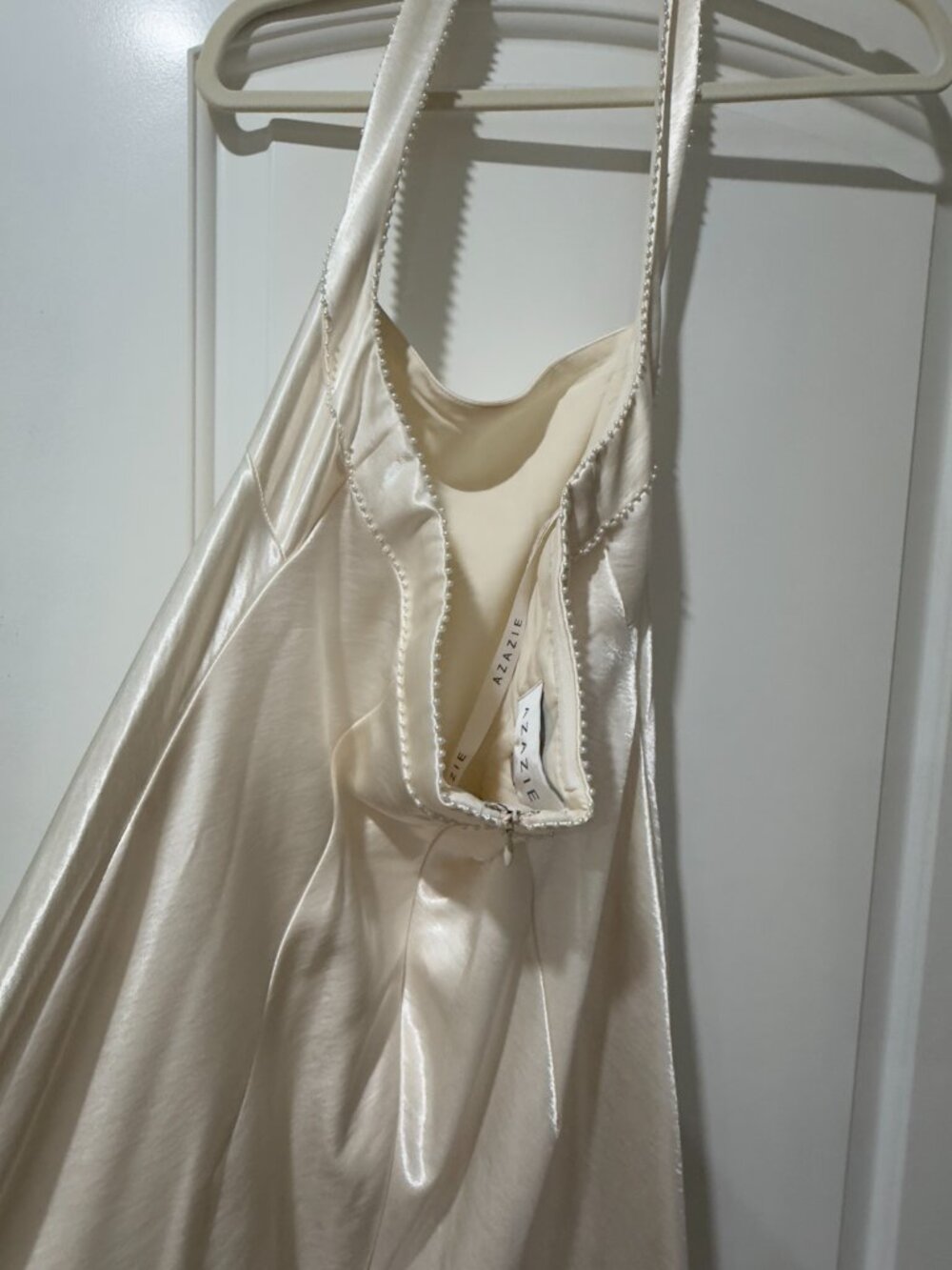 Azazie Ivory Halter Satin Bridal Gown - Picture 6 of 8